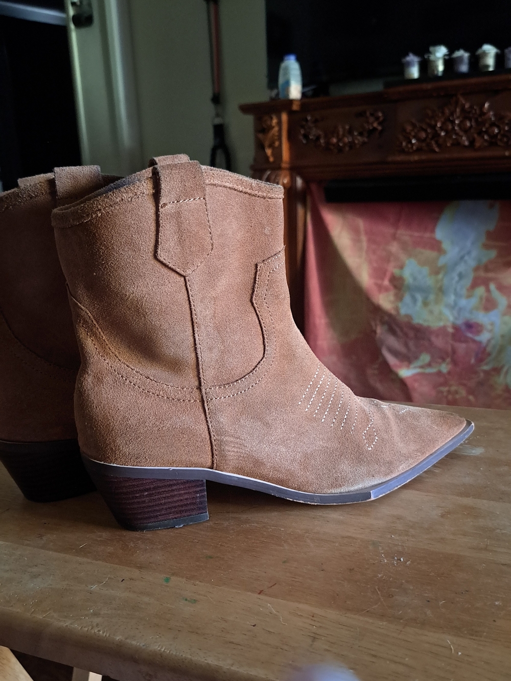 Women's Suede Pointed-Toe Ankle Booties in Tan - Picture 3 of 9